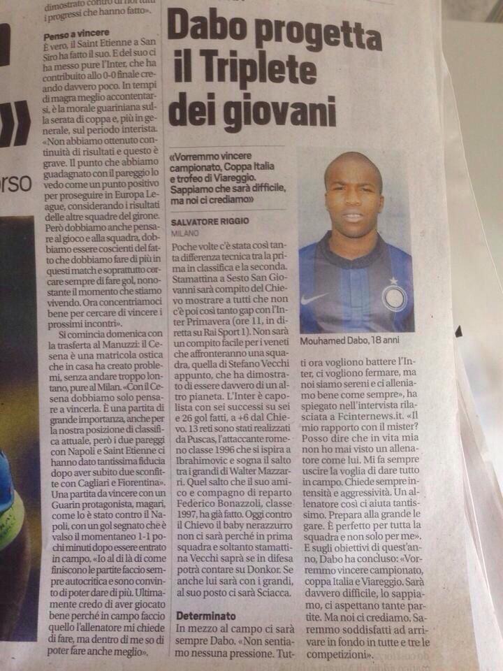 Italian newspaper article featuring Mouhamed Dabo during his Inter Milan youth years.