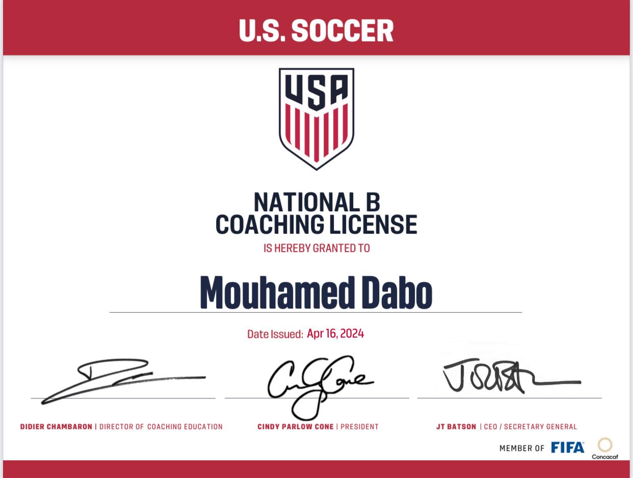U.S. Soccer National B Coaching License granted to Mouhamed Dabo, issued April 16, 2024.